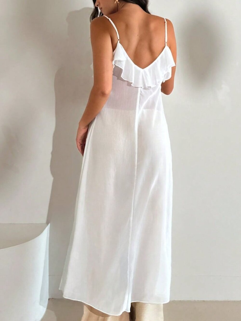 White Casual Women's Sexy Bohemian Style Sheer Extra Long Cami Top - Picture 4 of 9